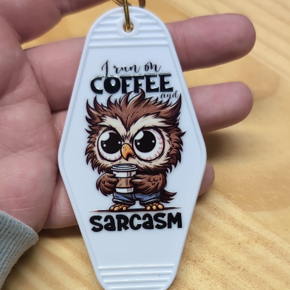 I Run On Coffee And Sarcasm With Owl Design White Keychain